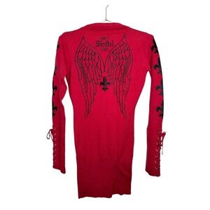 Affliction Sinful Women's Red Fleur de Lis Wing Lace Up Sleeve Sweater S Y2K